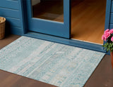 3' X 5' Teal Blue And Gray Striped Washable Indoor Outdoor Area Rug