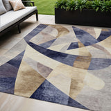 5' X 8' Navy Blue And Gold Abstract Washable Indoor Outdoor Area Rug