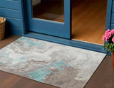3' X 5' Teal Blue And Taupe Abstract Washable Indoor Outdoor Area Rug