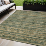 5' X 8' Fern Green And Charcoal Striped Washable Indoor Outdoor Area Rug