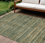 8' X 10' Fern Green And Charcoal Striped Washable Indoor Outdoor Area Rug