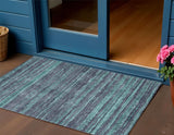 3' X 5' Teal Blue And Gray Striped Washable Indoor Outdoor Area Rug