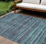 8' X 10' Teal Blue And Gray Striped Washable Indoor Outdoor Area Rug