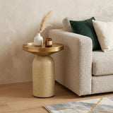 22" Gold and Beige Iron and Faux Concrete Round Pedestal End Table