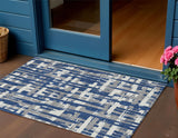 3' X 5' Navy Blue Gray And Ivory Striped Washable Indoor Outdoor Area Rug