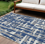 8' X 10' Navy Blue Gray And Ivory Striped Washable Indoor Outdoor Area Rug