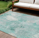 8' X 10' Teal Blue And Ivory Floral Washable Indoor Outdoor Area Rug
