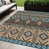 5' X 8' Brown Teal Blue And Coral Aztec Washable Indoor Outdoor Area Rug