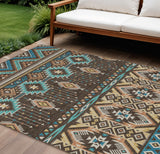 8' X 10' Brown Teal Blue And Coral Aztec Washable Indoor Outdoor Area Rug