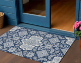 3' X 5' Blue Ivory And Gray Medallion Washable Indoor Outdoor Area Rug