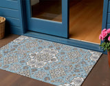 3' X 5' Sky Blue Taupe And Ivory Medallion Washable Indoor Outdoor Area Rug
