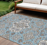 8' X 10' Sky Blue Taupe And Ivory Medallion Washable Indoor Outdoor Area Rug