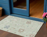 3' X 5' Artichoke Green Ivory And Brown Floral Washable Indoor Outdoor Area Rug
