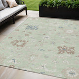 5' X 8' Artichoke Green Ivory And Brown Floral Washable Indoor Outdoor Area Rug