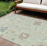 8' X 10' Artichoke Green Ivory And Brown Floral Washable Indoor Outdoor Area Rug
