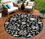 8' Black Ivory And Gray Round Floral Washable Indoor Outdoor Area Rug