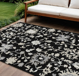8' X 10' Black Ivory And Gray Floral Washable Indoor Outdoor Area Rug