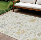8' X 10' Ivory Gray And Taupe Floral Washable Indoor Outdoor Area Rug