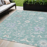 5' X 8' Pale Aqua Ivory And Gray Floral Washable Indoor Outdoor Area Rug