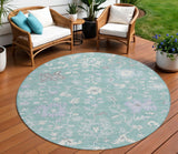 8' Pale Aqua Ivory And Gray Round Floral Washable Indoor Outdoor Area Rug
