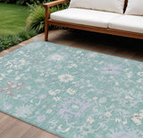 8' X 10' Pale Aqua Ivory And Gray Floral Washable Indoor Outdoor Area Rug