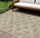 8' X 10' Gold And Taupe Damask Washable Indoor Outdoor Area Rug