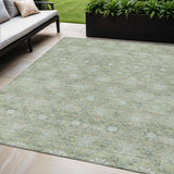5' X 8' Artichoke Green And Gray Floral Washable Indoor Outdoor Area Rug