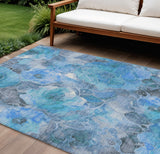 8' X 10' Blue And Gray Floral Washable Indoor Outdoor Area Rug