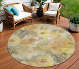 8' Gold And Gray Round Floral Washable Indoor Outdoor Area Rug