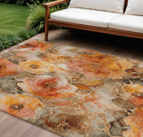 8' X 10' Orange And Gray Floral Washable Indoor Outdoor Area Rug