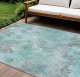 8' X 10' Teal Blue And Gray Floral Washable Indoor Outdoor Area Rug