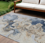 8' X 10' Denim Blue And Beige Abstract Washable Indoor Outdoor Area Rug