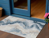 3' X 5' Beige And Navy Blue Abstract Washable Indoor Outdoor Area Rug