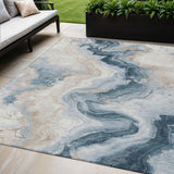 5' X 8' Beige And Navy Blue Abstract Washable Indoor Outdoor Area Rug