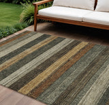 8' X 10' Khaki And Gold Striped Washable Indoor Outdoor Area Rug