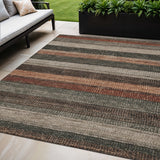 5' X 8' Rust And Taupe Striped Washable Indoor Outdoor Area Rug