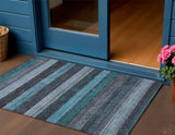 3' X 5' Teal Blue And Gray Striped Washable Indoor Outdoor Area Rug