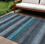 8' X 10' Teal Blue And Gray Striped Washable Indoor Outdoor Area Rug