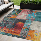 5' X 8' Teal Blue And Orange Abstract Washable Indoor Outdoor Area Rug