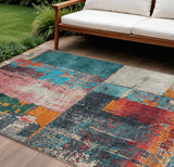 8' X 10' Teal Blue And Orange Abstract Washable Indoor Outdoor Area Rug