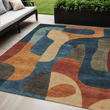 5' X 8' Navy Blue And Orange Abstract Washable Indoor Outdoor Area Rug