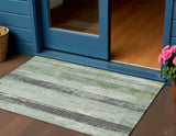 3' X 5' Artichoke Green And Gray Striped Washable Indoor Outdoor Area Rug