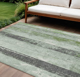 8' X 10' Artichoke Green And Gray Striped Washable Indoor Outdoor Area Rug