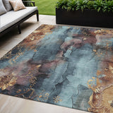 5' X 8' Blue And Gold Floral Washable Indoor Outdoor Area Rug
