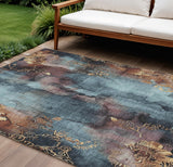 8' X 10' Blue And Gold Floral Washable Indoor Outdoor Area Rug