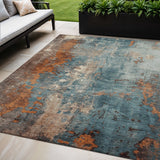 5' X 8' Teal Blue And Copper Abstract Washable Indoor Outdoor Area Rug