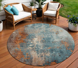 8' Teal Blue And Copper Round Abstract Washable Indoor Outdoor Area Rug