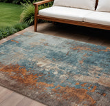 8' X 10' Teal Blue And Copper Abstract Washable Indoor Outdoor Area Rug