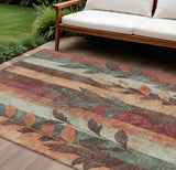 8' X 10' Terra Cotta And Sage Floral Washable Indoor Outdoor Area Rug