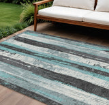 8' X 10' Teal Blue And Gray Striped Washable Indoor Outdoor Area Rug